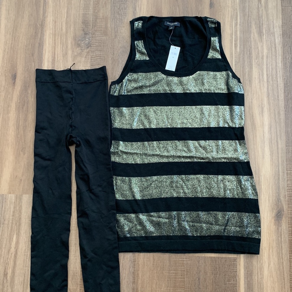 Banana Republic black/gold striped top, M - new, and pair of black tights